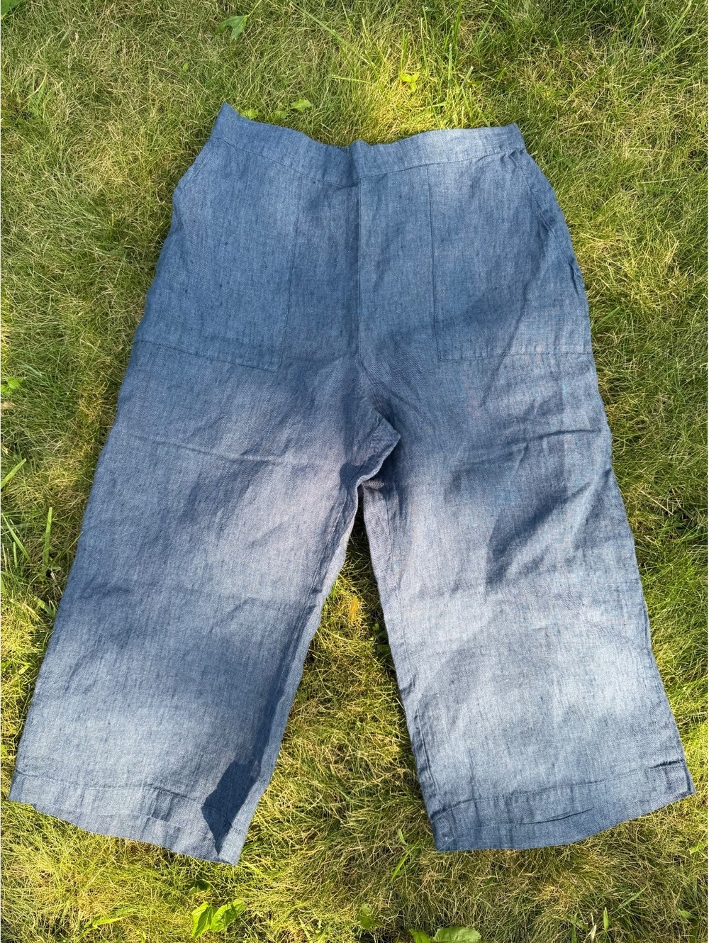 FLAX NWOT linen boho Beachy timeless denim blue wide leg pull on capri pant
